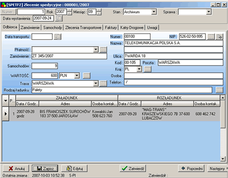 ekran programu Spedycja SQL